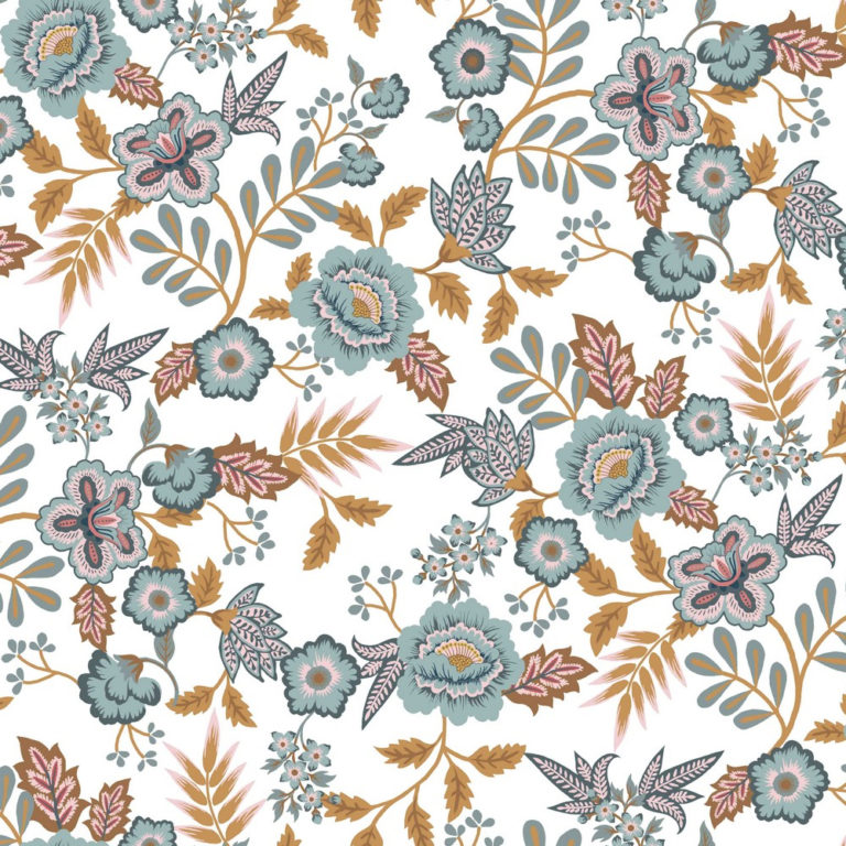 Tela algodón 100% impermeable flores ocres y mint con fondo blanco — imagen 1