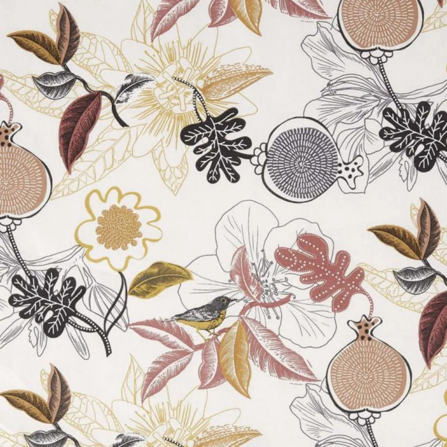 Loneta algodón con motivos de flores , pajaritos fondo ecru — imagen 1