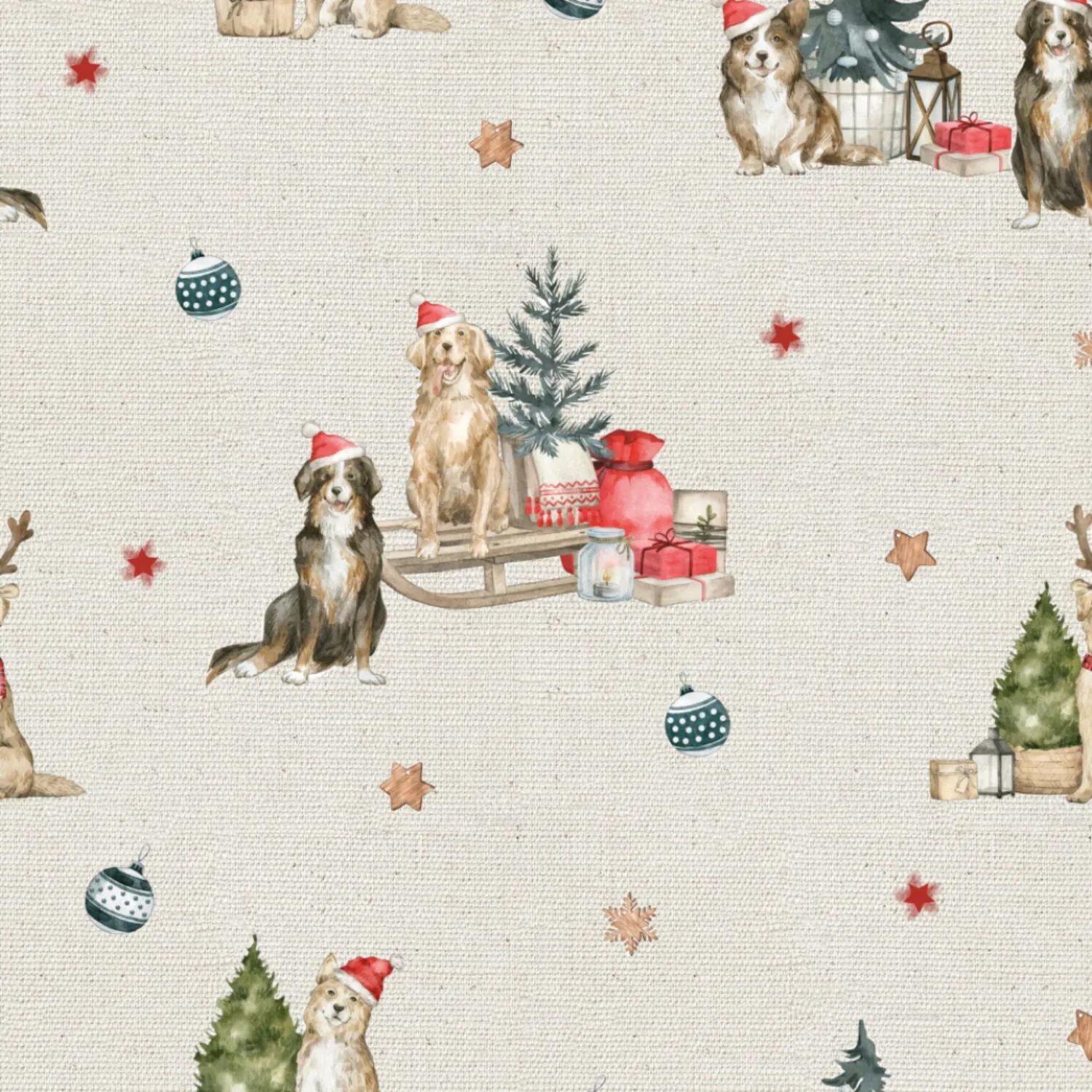 Tela algodón simil lino navidad perritos