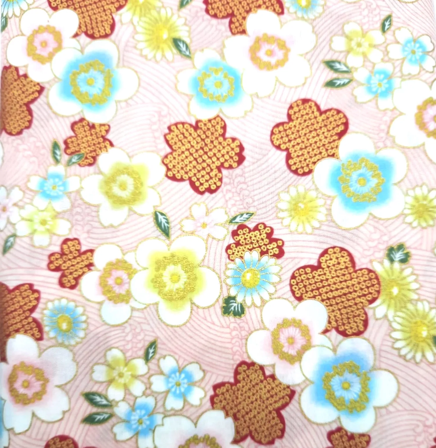 Tela japonesa algodón flores brillantes fondo rosa palo — imagen 1