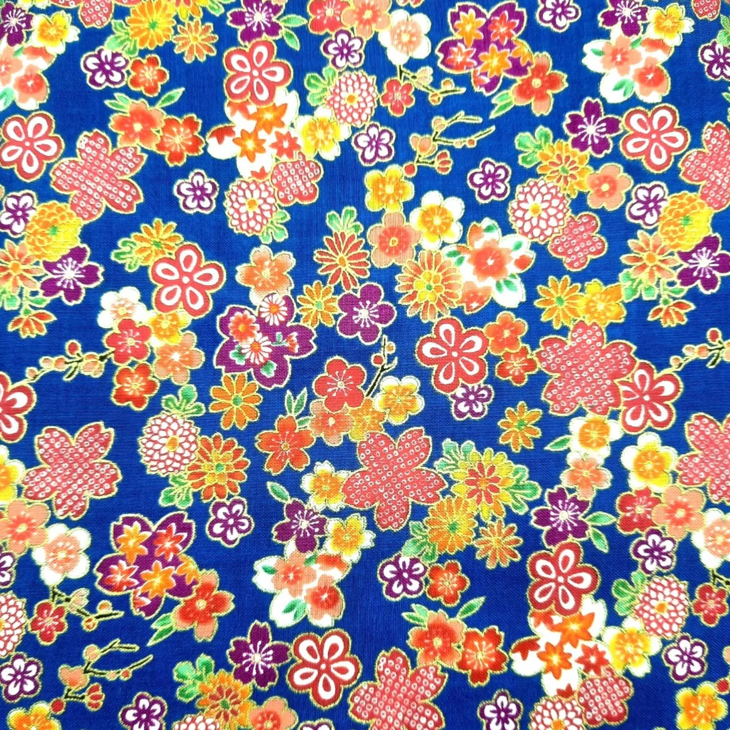 Tela japonesa flores brillantes fondo azul
